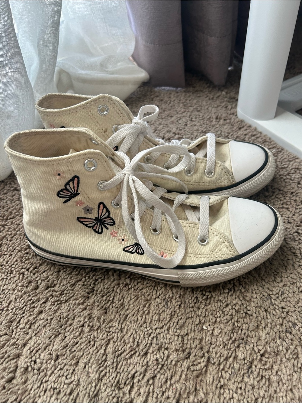 Converse Cream High-Top Sneakers with Black and Pink Butterfly Embroidery